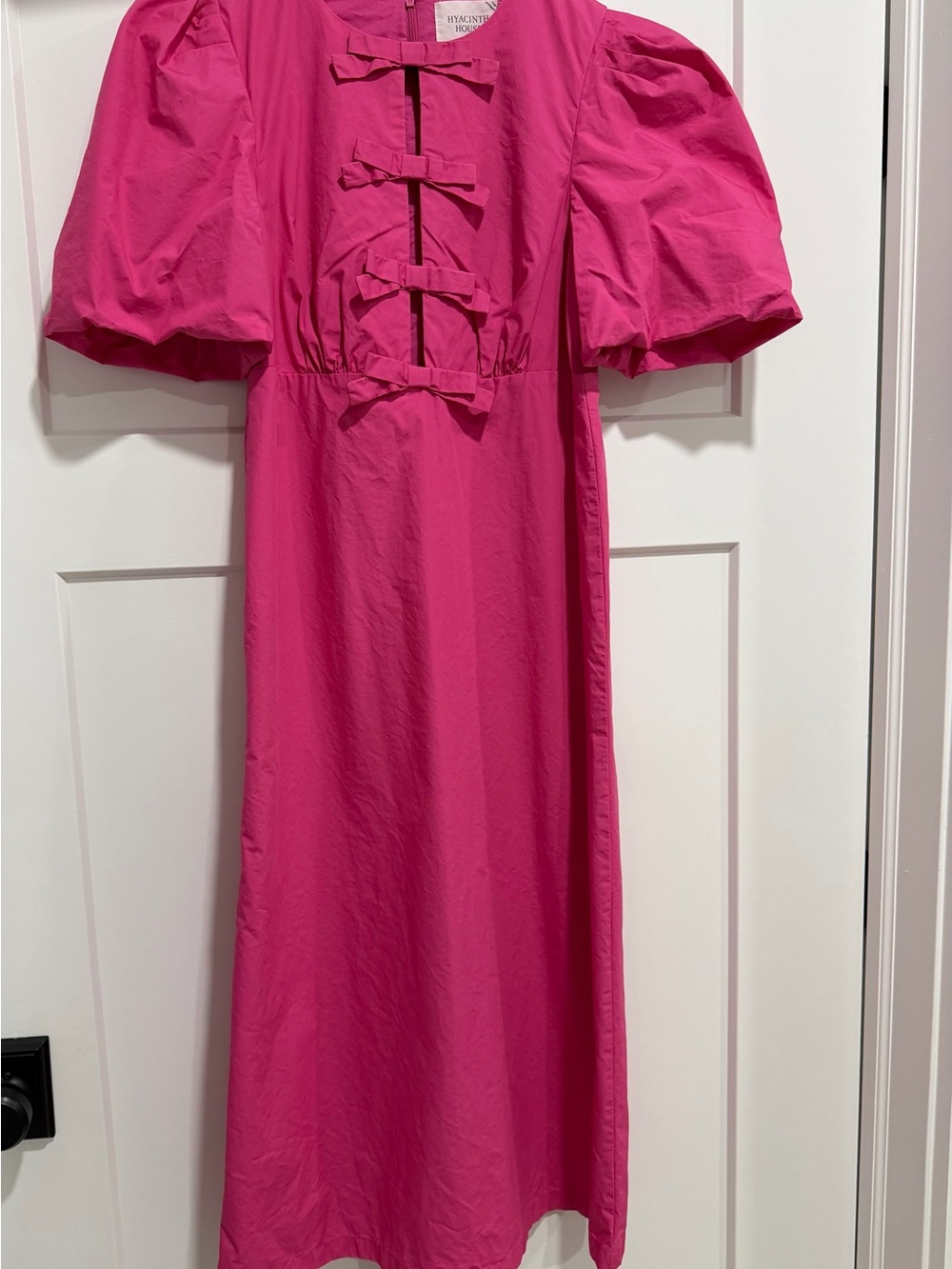 Tuckernuck Hot Pink Midi Dress with Puff Sleeves & Open Bow Front